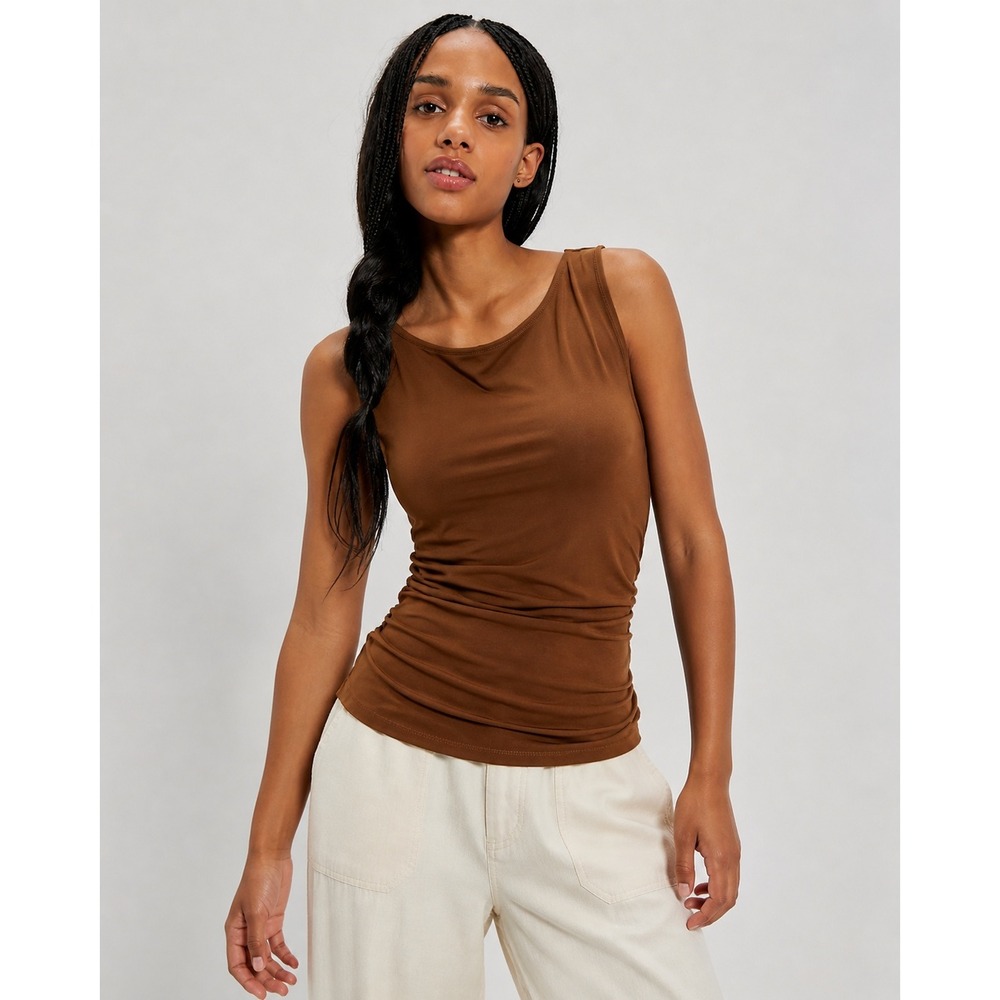 Free People We The Free Womens Top Medium Brown Open Back Tie Ruched Sleeveless